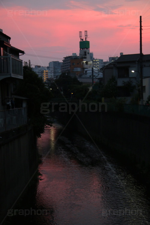 夕焼け,染,神田川,河,川,河川,柵,フェンス,川沿い