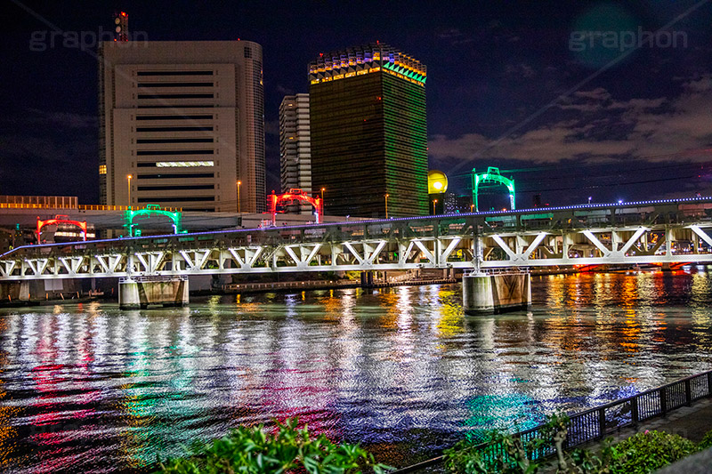 隅田川橋梁ライトアップ,橋梁,線路,架線,ライトアップ,イルミネーション,イルミ,夜,夜景,浅草,あさくさ,橋,隅田川,かかる橋,台東区,墨田リバーサイド,墨田,隅田公園,隅田川めぐり,asakusa,japan,クリスマス,クリスマスバージョン,CHRISTMAS,illumination,reflection,リフレクション,川,反射,東武,クリスマスバージョン,フルサイズ撮影