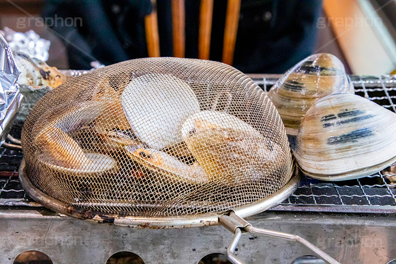 浜焼き,海鮮,シーフード,貝,甲殻類,魚介類,海の幸,焼く,漁港,郷土料理,バーベキュー,ハマグリ,はまぐり,蛤,網,あみ,ホンビノスガイ,ホンビノス貝,二枚貝,外来種,seafood,フルサイズ撮影