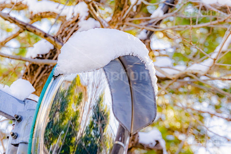 カーブミラーに積もる雪,カーブミラー,交通,雪,ゆき,雪解け,積,冬,積雪,snow,winter,フルサイズ撮影