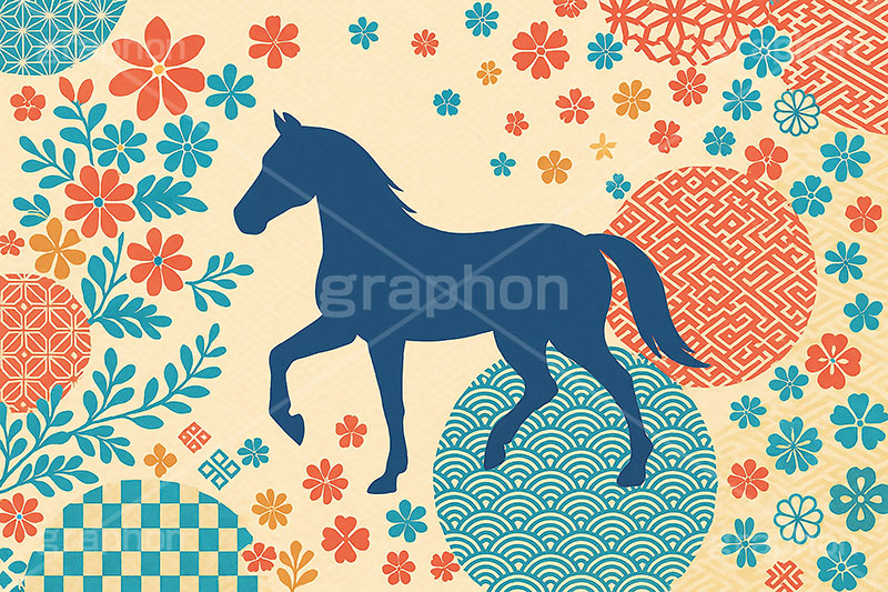 午年シンプルイラスト,和柄,花柄,馬イラスト,午,馬,うま,ウマ,午年,干支,正月,お正月,年賀状,2026午年,2026,午年年賀状,新年,シルエット,ニューイヤー,アニバーサリー,イラスト,illustration,japan,horse,silhouette