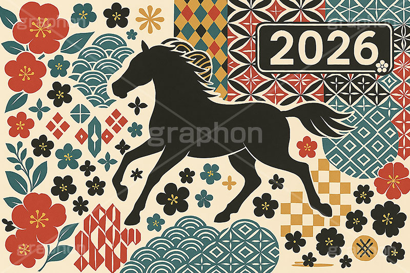 午年シンプルイラスト,和柄,花柄,馬イラスト,午,馬,うま,ウマ,午年,干支,正月,お正月,年賀状,2026午年,2026,午年年賀状,新年,シルエット,ニューイヤー,アニバーサリー,イラスト,illustration,japan,horse,silhouette