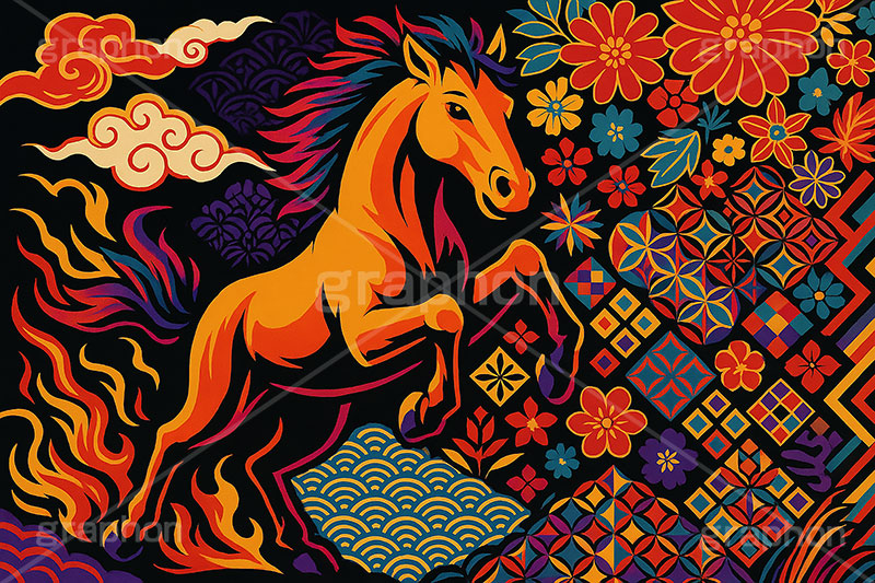 午年スカジャン風イラスト,スカジャン,刺繍,派手,和柄,花柄,馬イラスト,午,馬,うま,ウマ,午年,干支,正月,お正月,年賀状,2026午年,午年年賀状,新年,かっこいい,クール,シルエット,ニューイヤー,アニバーサリー,イラスト,illustration,japan,horse,silhouette,cool