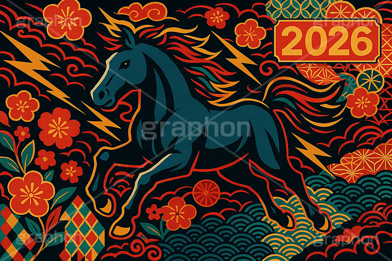午年スカジャン風イラスト,スカジャン,刺繍,派手,和柄,花柄,馬イラスト,午,馬,うま,ウマ,午年,干支,正月,お正月,年賀状,2026午年,2026,午年年賀状,新年,かっこいい,クール,シルエット,ニューイヤー,アニバーサリー,イラスト,illustration,japan,horse,silhouette,cool