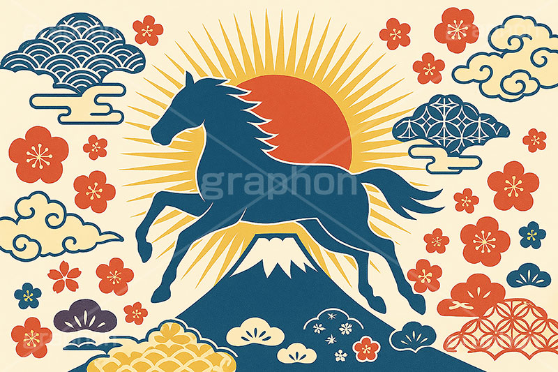 午年シンプルモダン,午年シンプルイラスト,シルエット,モダン,和柄,松,梅,馬イラスト,午,馬,うま,ウマ,午年,干支,正月,お正月,年賀状,日の出,初日の出,富士山,2026午年,午年年賀状,新年,ニューイヤー,アニバーサリー,イラスト,おしゃれ,お洒落,オシャレ,illustration,japan,horse,silhouette