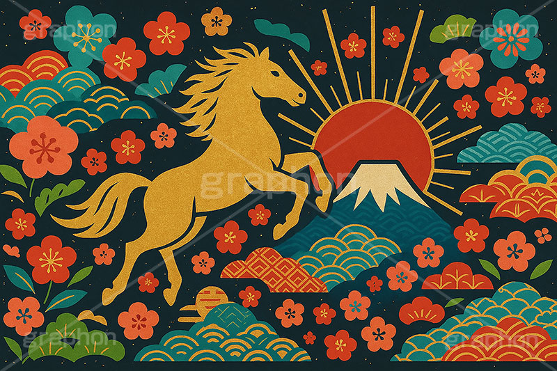 午年スカジャン風イラスト,スカジャン,金箔,金粉,刺繍,派手,和柄,花柄,馬イラスト,午,馬,うま,ウマ,午年,干支,正月,お正月,年賀状,2026午年,午年年賀状,新年,日の出,初日の出,かっこいい,クール,シルエット,ニューイヤー,アニバーサリー,イラスト,illustration,japan,horse,silhouette,cool