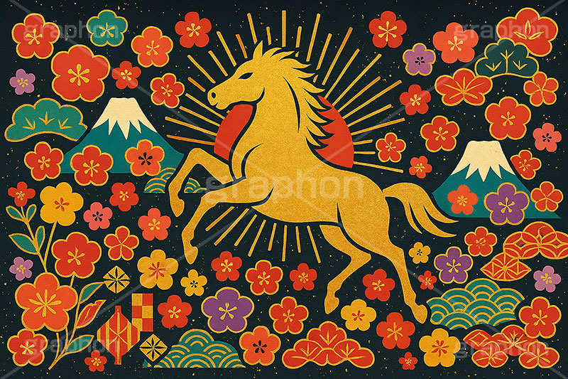 午年スカジャン風イラスト,スカジャン,金箔,金粉,刺繍,派手,和柄,花柄,馬イラスト,午,馬,うま,ウマ,午年,干支,正月,お正月,年賀状,2026午年,午年年賀状,新年,日の出,初日の出,かっこいい,クール,シルエット,ニューイヤー,アニバーサリー,イラスト,illustration,japan,horse,silhouette,cool