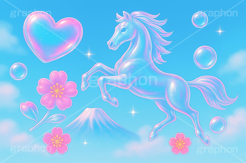 ガラスの馬,ガラス,ガラス細工,馬イラスト,午,馬,うま,ウマ,午年,干支,正月,お正月,年賀状,日の出,初日の出,富士山,梅,青空,2026午年,午年年賀状,新年,爽やか,ニューイヤー,アニバーサリー,イラスト,派手,ハート,ラブ,illustration,japan,horse,glass,sky,heart