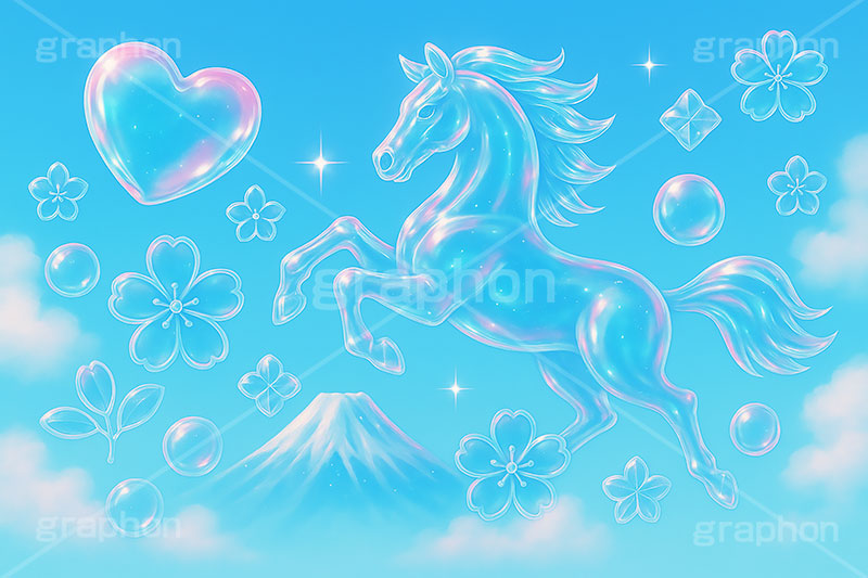 ガラスの馬,ガラス,ガラス細工,馬イラスト,午,馬,うま,ウマ,午年,干支,正月,お正月,年賀状,日の出,初日の出,富士山,梅,青空,2026午年,午年年賀状,新年,爽やか,ニューイヤー,アニバーサリー,イラスト,派手,ハート,ラブ,illustration,japan,horse,glass,sky,heart