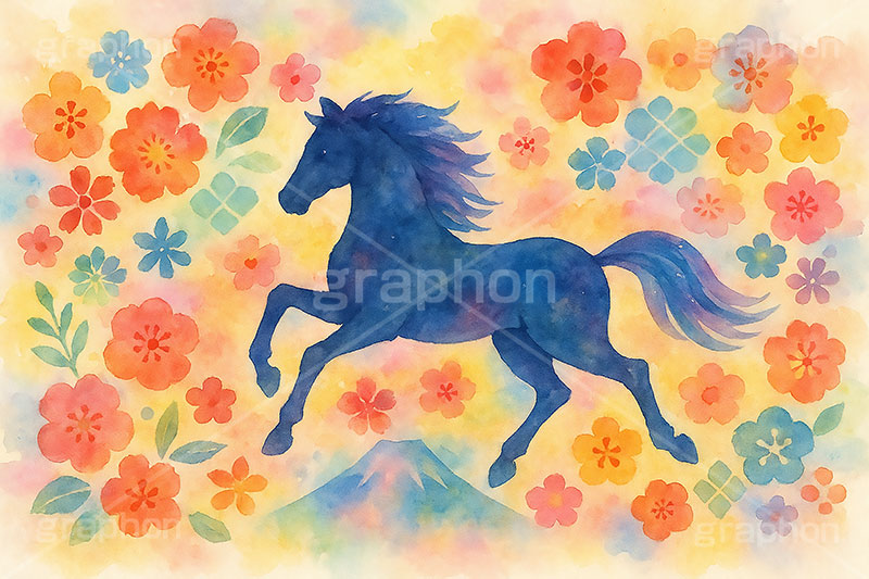 午年－水彩イラスト,パステル,カラフル,水彩,和柄,花柄,富士山,馬イラスト,午,馬,うま,ウマ,午年,干支,正月,お正月,年賀状,2026午年,午年年賀状,新年,ニューイヤー,アニバーサリー,イラスト,illustration,japan,horse,pastel