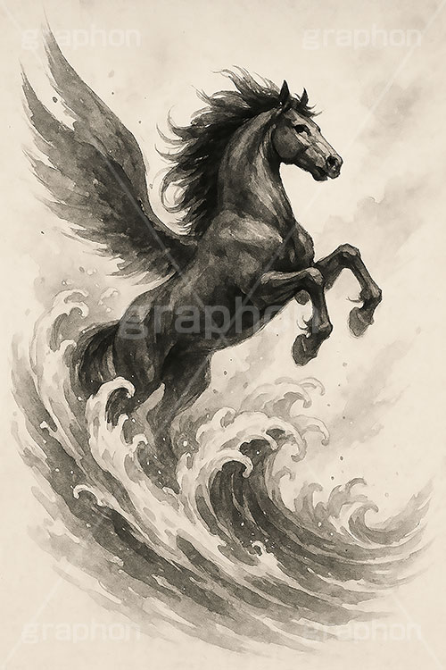 馬イラスト(デッサン風),デッサン,クロッキー,手描き,飛躍,ジャンプ,馬イラスト,ペガサス,波,午,馬,うま,ウマ,午年,干支,正月,お正月,年賀状,2026午年,2026,午年年賀状,新年,かっこいい,クール,ニューイヤー,アニバーサリー,イラスト,illustration,japan,horse,cool,jump