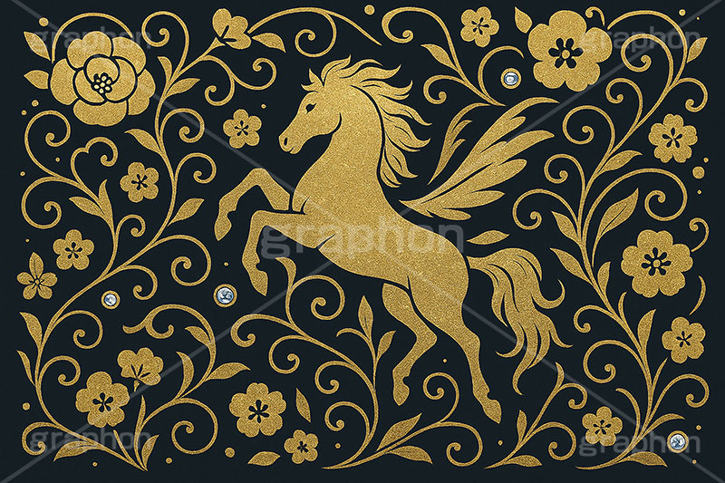 キラキラ馬ジュエル,キラキラ,ラインストーン,ジュエル,ペガサス,唐草,唐草模様,花柄,馬イラスト,午,馬,うま,ウマ,午年,干支,正月,お正月,年賀状,2026午年,午年年賀状,新年,ニューイヤー,アニバーサリー,イラスト,illustration,japan,horse