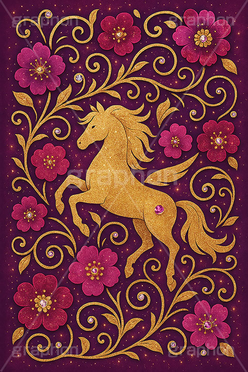 キラキラ馬ジュエル,キラキラ,ラインストーン,ジュエル,ペガサス,唐草,唐草模様,花柄,馬イラスト,午,馬,うま,ウマ,午年,干支,正月,お正月,年賀状,2026午年,午年年賀状,新年,ニューイヤー,アニバーサリー,イラスト,illustration,japan,horse