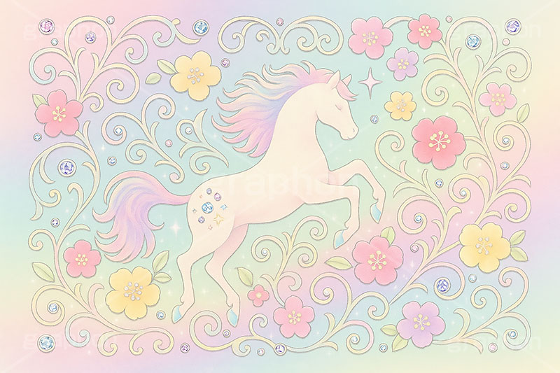 午年－水彩イラスト,パステル,カラフル,水彩,唐草模様,唐草,花柄,馬イラスト,ペガサス,午,馬,うま,ウマ,午年,干支,正月,お正月,年賀状,2026午年,午年年賀状,新年,ニューイヤー,アニバーサリー,イラスト,おしゃれ,オシャレ,メルヘン,ファンタジー,ゆめかわいい,illustration,japan,horse,pastel,pegasus