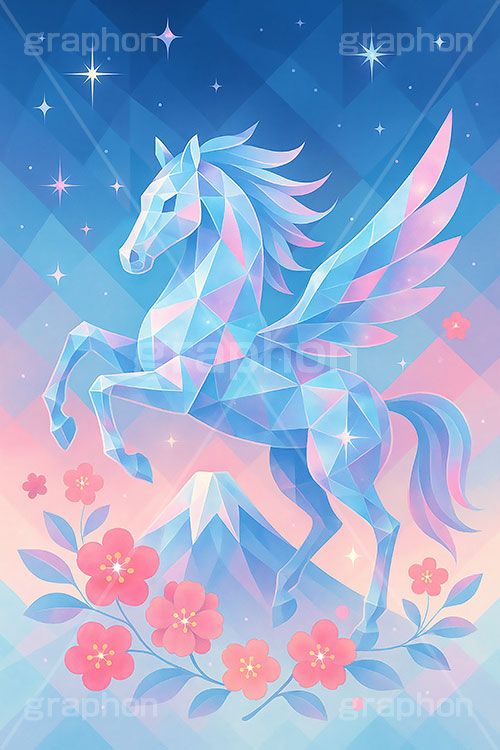 クリスタルの馬,クリスタル,キラキラ,宝石,ジュエル,幾何学模様の馬イラスト,幾何学模様,アート,馬イラスト,午,馬,うま,ウマ,午年,干支,正月,お正月,富士山,飛躍,ジャンプ,年賀状,2026午年,午年年賀状,新年,ニューイヤー,アニバーサリー,イラスト,illustration,japan,horse,art,crystal,jewel,jump