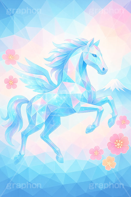 クリスタルの馬,クリスタル,キラキラ,宝石,ジュエル,幾何学模様の馬イラスト,幾何学模様,アート,馬イラスト,午,馬,うま,ウマ,午年,干支,正月,お正月,富士山,飛躍,ジャンプ,年賀状,2026午年,午年年賀状,新年,ニューイヤー,アニバーサリー,イラスト,illustration,japan,horse,art,crystal,jewel,jump