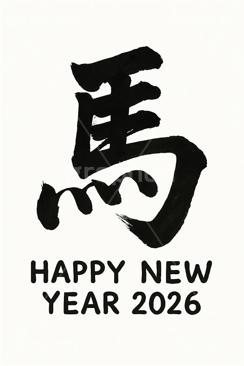 馬の毛筆,毛筆,筆,筆字,習字,墨,馬イラスト,午,馬,うま,ウマ,干支,正月,お正月,年賀状,2026午年,午年年賀状,新年,ニューイヤー,アニバーサリー,イラスト,文字,テキスト,メッセージ,ハッピーニューイヤー,HappyNewYear,illustration,japan,horse,message,text,japan