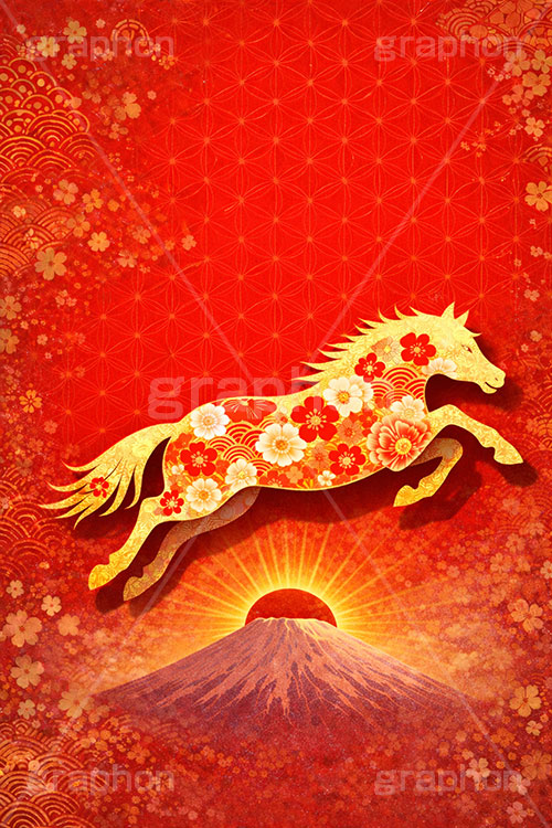 午年イラスト和柄,午年シンプルイラスト,和柄,馬イラスト,午,馬,うま,ウマ,金箔,金粉,富士山,初日の出,日の出,午年,干支,正月,お正月,年賀状,2026午年,午年年賀状,新年,ニューイヤー,アニバーサリー,イラスト,illustration,japan,horse