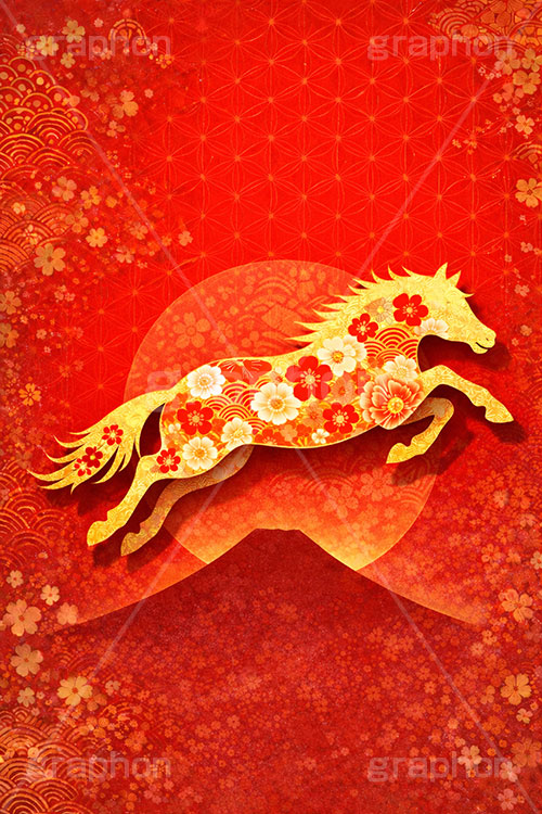 午年イラスト和柄,午年シンプルイラスト,和柄,馬イラスト,午,馬,うま,ウマ,金箔,金粉,富士山,初日の出,日の出,午年,干支,正月,お正月,年賀状,2026午年,午年年賀状,新年,ニューイヤー,アニバーサリー,イラスト,illustration,japan,horse