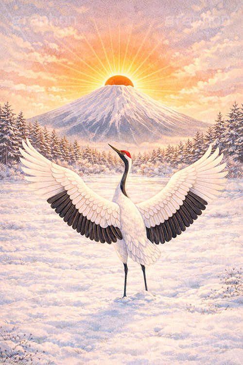 鶴のイラスト,富士山,雪,雪景色,雪化粧,初日の出,日の出,鶴,つる,ツル,野鳥,鳥,めでたい,正月,お正月,年賀状,新年,ニューイヤー,アニバーサリー,イラスト,illustration,japan,crane