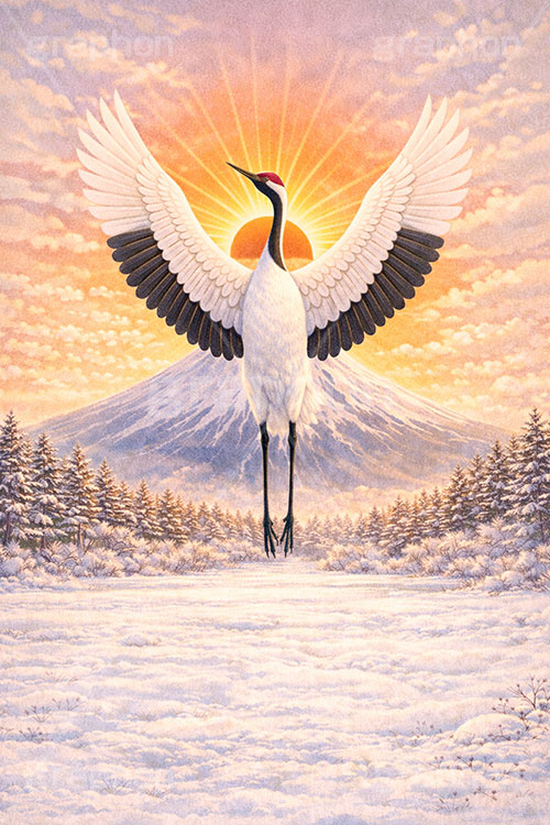 鶴のイラスト,富士山,雪,雪景色,雪化粧,初日の出,日の出,鶴,つる,ツル,野鳥,鳥,めでたい,正月,お正月,年賀状,新年,ニューイヤー,アニバーサリー,イラスト,illustration,japan,crane
