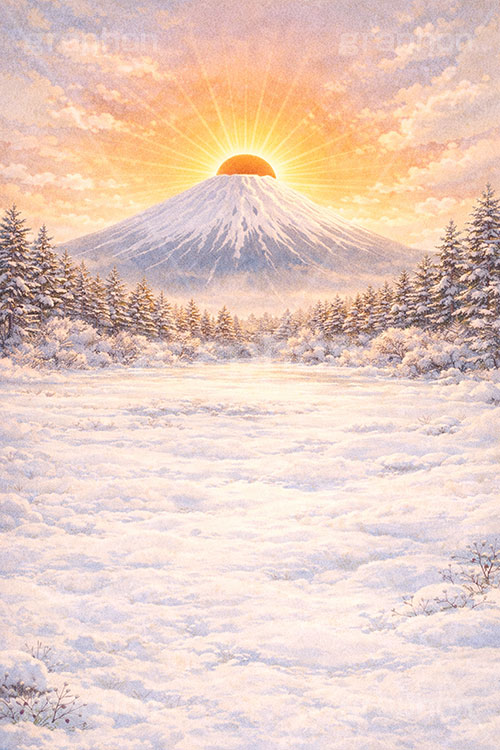 雪景色,雪化粧,富士山,雪,初日の出,日の出,めでたい,正月,お正月,年賀状,新年,ニューイヤー,アニバーサリー,イラスト,illustration,japan