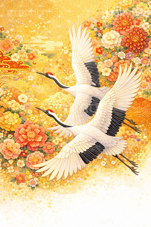 鶴のイラスト,花柄,和柄,鶴,つる,ツル,野鳥,鳥,屛風,めでたい,正月,お正月,年賀状,新年,ニューイヤー,アニバーサリー,イラスト,illustration,japan,crane