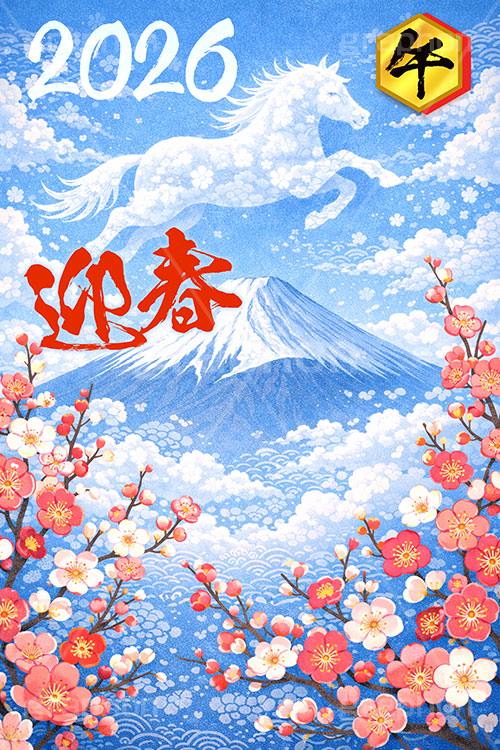 馬の雲,富士山,雲,青空,梅,梅の花,2026,迎春,馬イラスト,午,馬,うま,ウマ,午年,干支,正月,お正月,年賀状,2026午年,午年年賀状,新年,ニューイヤー,アニバーサリー,イラスト,illustration,japan,horse