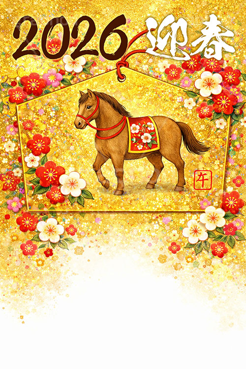 絵馬(午年),絵馬,2026,迎春,午年イラスト和柄,和柄,馬イラスト,午,馬,うま,ウマ,金箔,金粉,梅,午年,干支,正月,お正月,年賀状,2026午年,午年年賀状,新年,ニューイヤー,アニバーサリー,イラスト,illustration,japan,horse