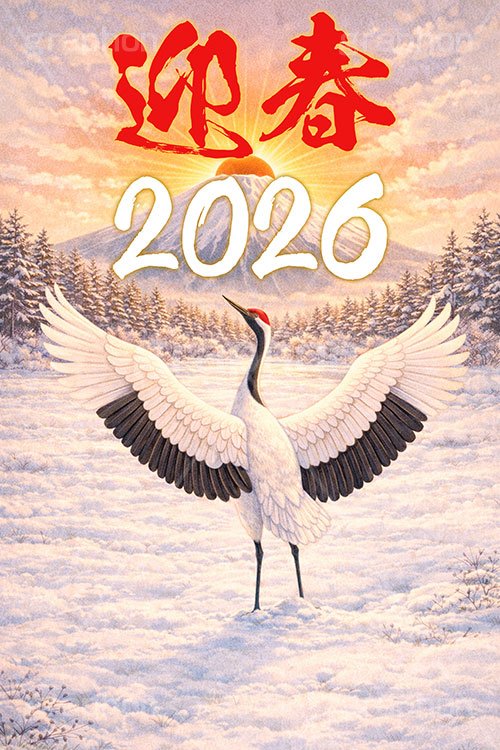 鶴のイラスト,2026,迎春,富士山,雪,雪景色,雪化粧,初日の出,日の出,鶴,つる,ツル,野鳥,鳥,めでたい,正月,お正月,年賀状,新年,ニューイヤー,アニバーサリー,イラスト,illustration,japan,crane