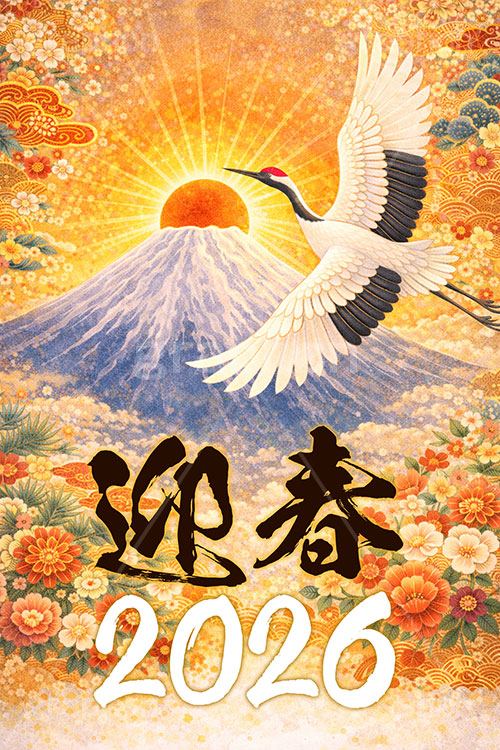 鶴のイラスト,2026,迎春,富士山,花柄,和柄,初日の出,日の出,鶴,つる,ツル,野鳥,鳥,めでたい,正月,お正月,年賀状,新年,ニューイヤー,アニバーサリー,イラスト,illustration,japan,crane