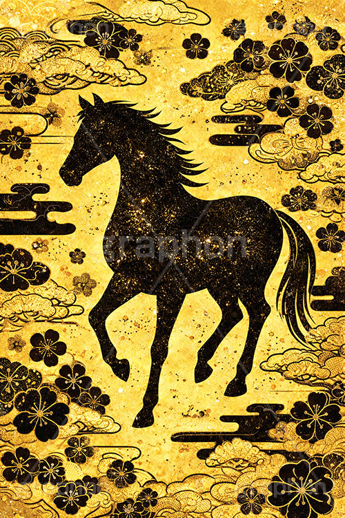 午年イラスト和柄,午年シンプルイラスト,和柄,馬イラスト,午,馬,うま,ウマ,金箔,金粉,松,梅,午年,金屛風,屏風,干支,正月,お正月,年賀状,2026午年,午年年賀状,新年,ニューイヤー,アニバーサリー,イラスト,illustration,japan,horse