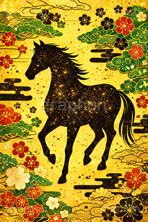 午年イラスト和柄,午年シンプルイラスト,和柄,馬イラスト,午,馬,うま,ウマ,金箔,金粉,松,梅,午年,金屛風,屏風,干支,正月,お正月,年賀状,2026午年,午年年賀状,新年,ニューイヤー,アニバーサリー,イラスト,illustration,japan,horse