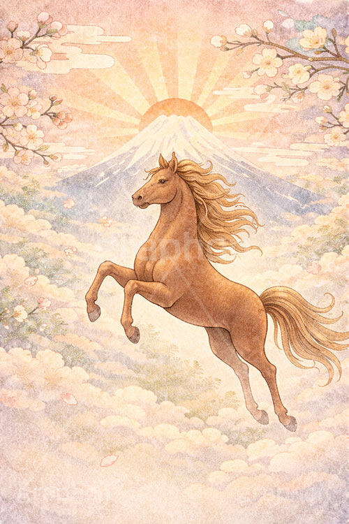 初日の出(午年),馬イラスト,午,馬,うま,ウマ,富士山,初日の出,日の出,午年,干支,正月,お正月,梅,梅の花,水彩,水彩画,年賀状,2026午年,午年年賀状,新年,ニューイヤー,アニバーサリー,イラスト,illustration,japan,horse