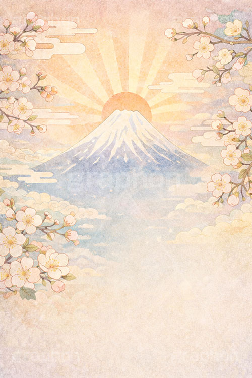 初日の出,富士山,初日の出,日の出,正月,お正月,梅,梅の花,水彩,水彩画,年賀状,新年,ニューイヤー,アニバーサリー,イラスト,illustration,japan