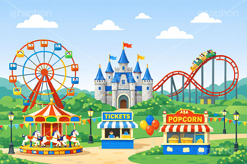 遊園地の背景,遊園地,テーマパーク,アトラクション,ジェットコースター,メリーゴーランド,観覧車,売店,ポップコーン,お城,キャッスル,チケット,背景,amusement,themepark,castle,ticket
