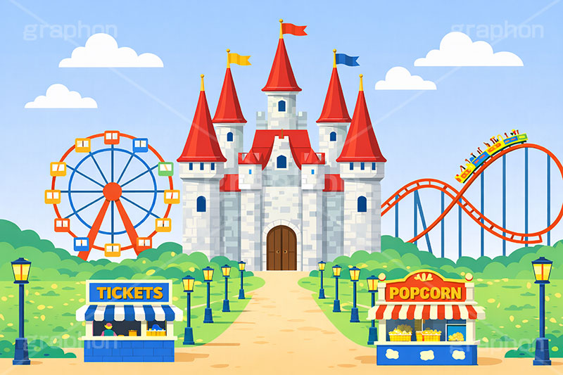 遊園地の背景,遊園地,テーマパーク,アトラクション,ジェットコースター,観覧車,売店,ポップコーン,お城,キャッスル,チケット,背景,amusement,themepark,castle,ticket