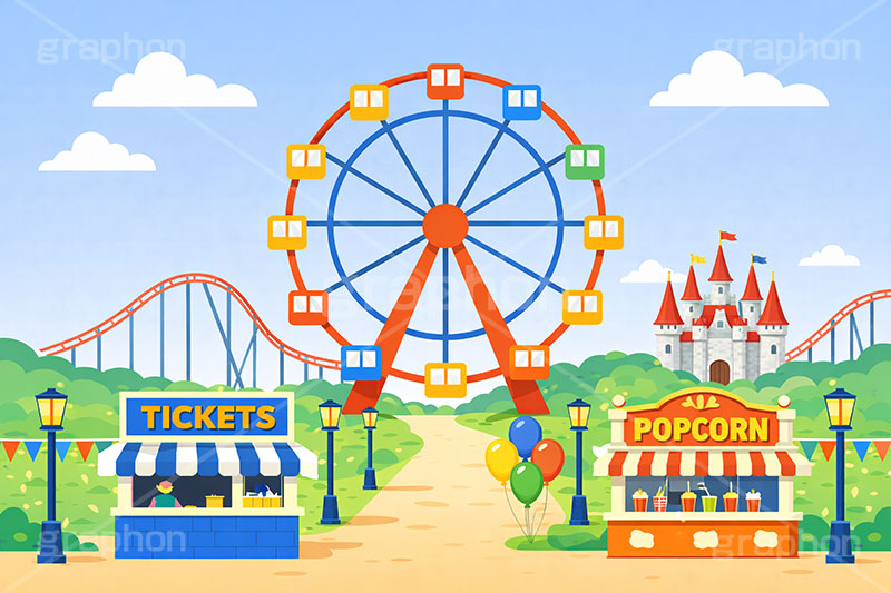 遊園地の背景,遊園地,テーマパーク,アトラクション,ジェットコースター,観覧車,売店,ポップコーン,お城,キャッスル,チケット,背景,amusement,themepark,castle,ticket