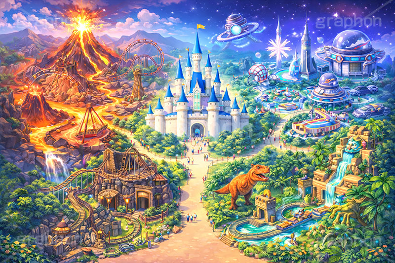 テーマパークの背景,遊園地の背景,遊園地,テーマパーク,アトラクション,ジェットコースター,宇宙,近未来,恐竜,古代,トロッコ,お城,キャッスル,背景,amusement,themepark,castle