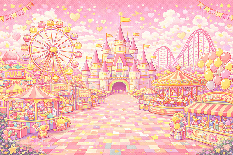 平成レトロな遊園地,平成レトロ,平成,レトロ,遊園地の背景,遊園地,かわいい,カワイイ,可愛い,メルヘン,テーマパーク,アトラクション,ジェットコースター,メリーゴーランド,ハート,バルーン,ガーランド,風船,観覧車,売店,ゲーム,お城,キャッスル,背景,amusement,themepark,castle,game,heart,balloon