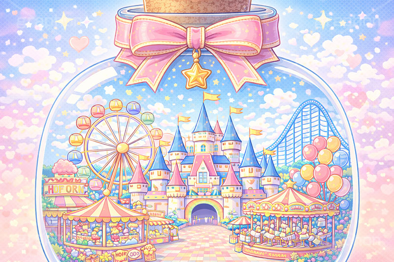 平成レトロな遊園地,平成レトロ,平成,レトロ,遊園地の背景,遊園地,瓶,ビン,びん,かわいい,カワイイ,可愛い,メルヘン,テーマパーク,アトラクション,ジェットコースター,メリーゴーランド,ハート,バルーン,風船,観覧車,売店,お城,キャッスル,背景,amusement,themepark,castle,game,heart,balloon