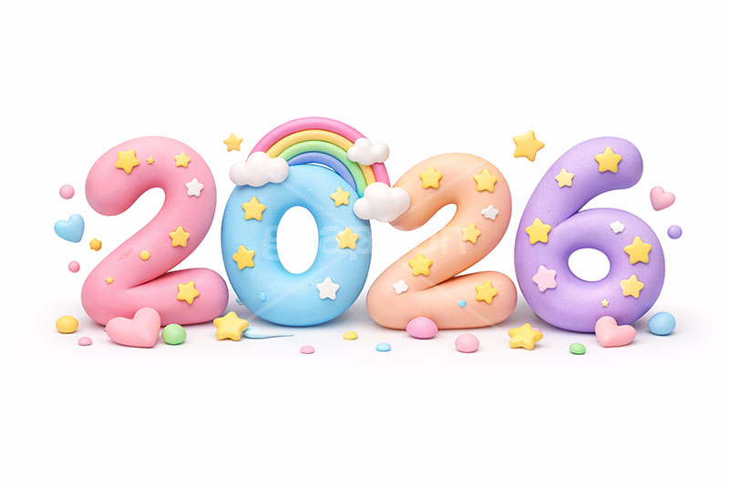 2026(クレイ),年号,西暦,クレイ,クレイアート,ねんど,粘土,虹,星,レインボー,年賀状,お正月,正月,年明け,新年,ニューイヤー,アニバーサリー,イベント,行事,ポップ,かわいい,カワイイ,可愛い,POP,メッセージ,テキスト,message,text,event,anniversary,clay,rainbow,2026