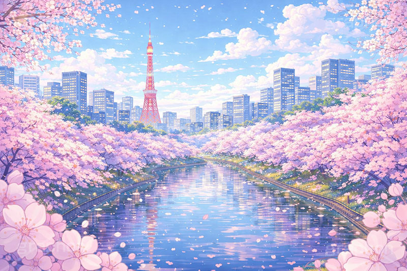 都会の桜,都会,川,桜,さくら,サクラ,花見,ブロッサム,春,花,花びら,花弁,背景,イラスト,blossom,spring,flower