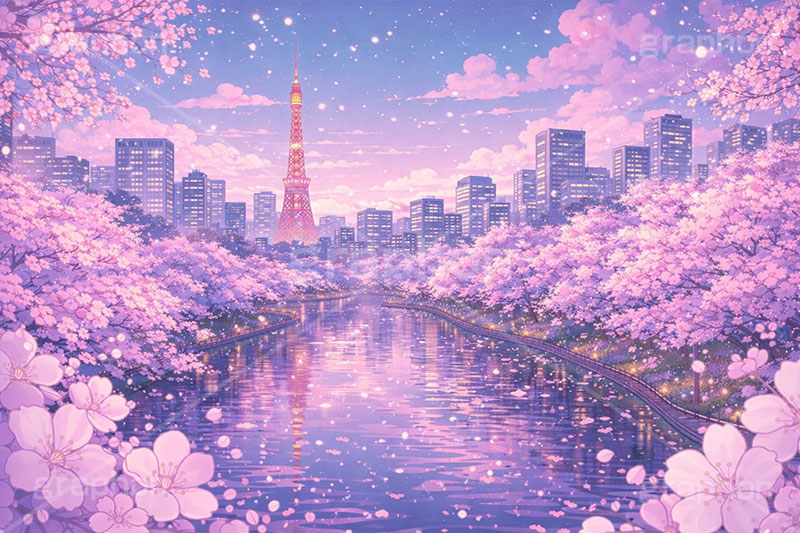 都会の桜,都会,川,桜,さくら,サクラ,花見,夜景,ライトアップ,ブロッサム,春,花,花びら,花弁,背景,イラスト,blossom,spring,flower