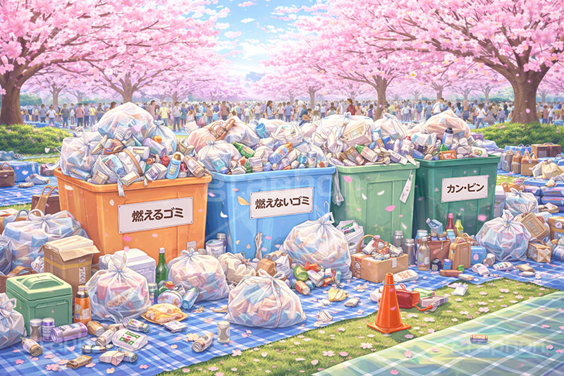 ゴミの山,ごみ,ゴミ,分別,リサイクル,缶,空き缶,ビン,びん,瓶,空き瓶,ペットボトル,燃えるゴミ,燃えないゴミ,捨て,ゴミ箱,ごみ箱,ルール,マナー,花見,お花見,会場,公園,満開,宴会,桜,さくら,サクラ,ブロッサム,春,花,花びら,花弁,イラスト,blossom,spring,flower