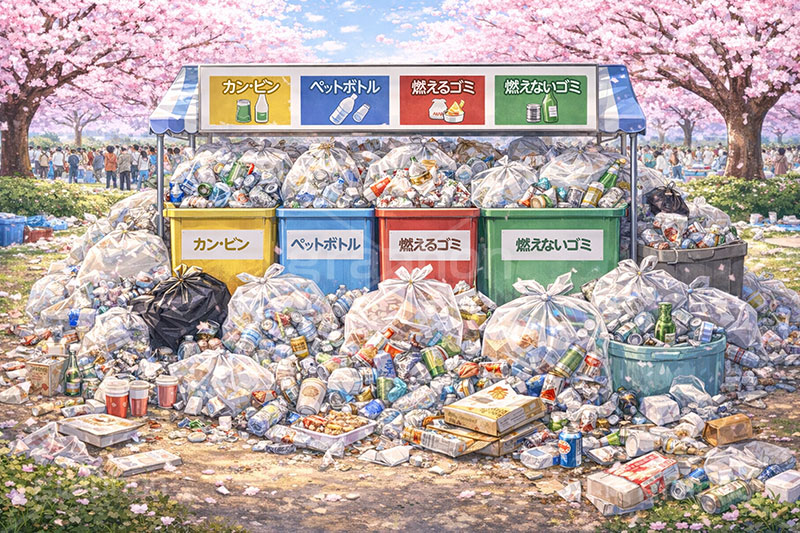 ゴミの山,ごみ,ゴミ,分別,リサイクル,缶,空き缶,ビン,びん,瓶,空き瓶,ペットボトル,燃えるゴミ,燃えないゴミ,捨て,ゴミ箱,ごみ箱,ルール,マナー,花見,お花見,会場,公園,満開,宴会,桜,さくら,サクラ,ブロッサム,春,花,花びら,花弁,イラスト,blossom,spring,flower