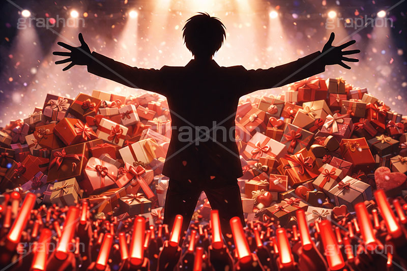 推しへのチョコレート,バレンタインデー,バレンタイン,チョコレート,プレゼント,贈り物,山積み,たくさん,サイリウム,ペンライト,アイドル,イケメン,ライブステージ,ステージ,推し,推し活,舞台,ライブ,ライヴ,コンサート,シアター,ホール,背景,照明,音楽,主役,人物,男性,男,ミュージック,ライト,スポットライト,イラスト,illustration,light,frame,hall,theater,live,stage,music,chocolate,valentine,present,AI生成素材