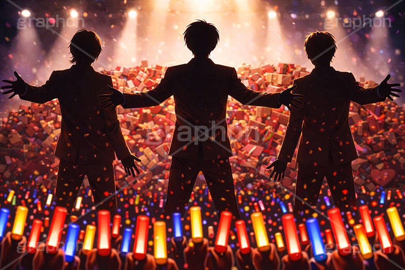 推しへのチョコレート,バレンタインデー,バレンタイン,チョコレート,プレゼント,贈り物,山積み,たくさん,サイリウム,ペンライト,アイドル,グループ,イケメン,ライブステージ,ステージ,推し,推し活,舞台,ライブ,ライヴ,コンサート,シアター,ホール,背景,照明,音楽,主役,人物,男性,男,ミュージック,ライト,スポットライト,イラスト,illustration,light,frame,hall,theater,live,stage,music,chocolate,valentine,present,AI生成素材