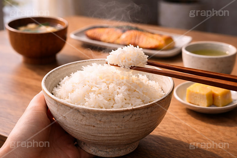 朝食,食卓,焼き魚,味噌汁,みそ汁,厚焼き玉子,厚焼き卵,玉子焼き,卵焼き,箸,はし,あつあつ白飯,炊き立てごはん,炊き立て,炊き,米,白米,ご飯,お米,ごはん,和食,日本食,日本料理,湯気,白飯,茶碗,ちゃわん,湯気,熱々,アツアツ,あつあつ,ホクホク,ほくほく,グルメ,rice,japan,AI生成素材
