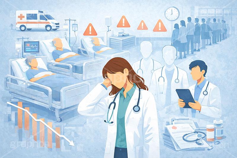 医師不足,人員不足,医療問題,社会問題,問題,高齢化,医師,医療,通院,病院,診察,病室,ヘルスケア,ケア,メディカル,健康,人物,キャラクター,おじいさん,おばあさん,おじさん,おばさん,お年寄り,高齢者,シニア,イラスト,illustration,healthcare,health,hospital,medical,AI生成素材